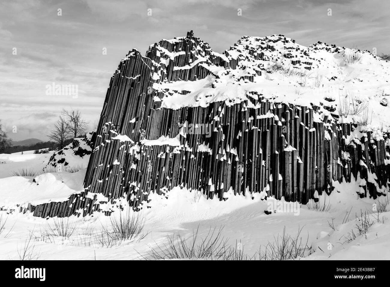 Panska skala - formation rocheuse de colonnes pentagonales et hexagonales de basalte. Ressemble à des tuyaux d'orgue géants. Couvert de neige et de glace en hiver. Kamenicky Senov, République tchèque. Image en noir et blanc. Banque D'Images