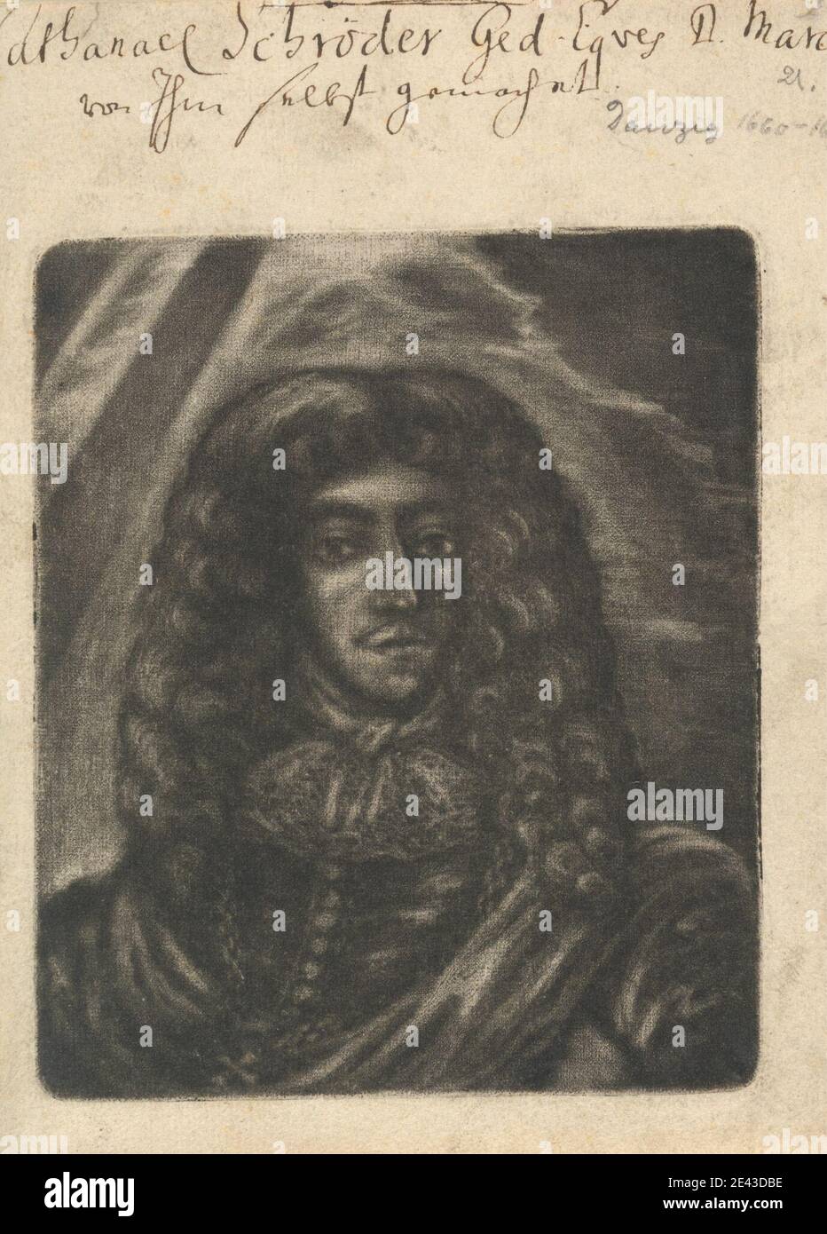 Imprimé réalisé par Nathaniel Schroeder, 1630–1685, Auto-portrait, entre 1660 et 1670. Mezzotint sur papier moyen, légèrement texturé, crème, couché. Banque D'Images