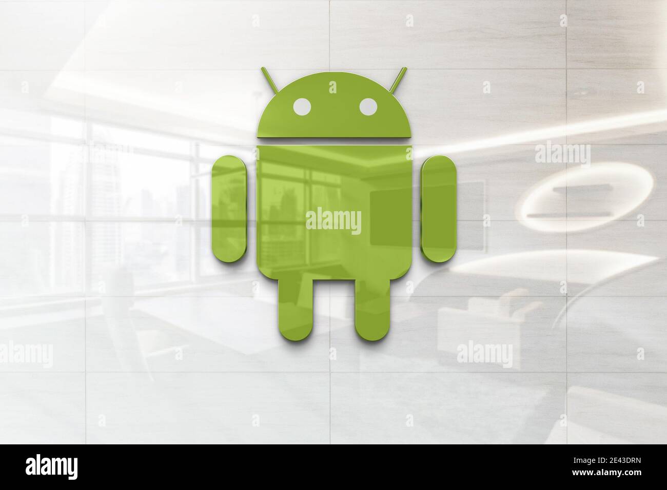 logo android sur une plaque murale d'entreprise réfléchissante Banque D'Images