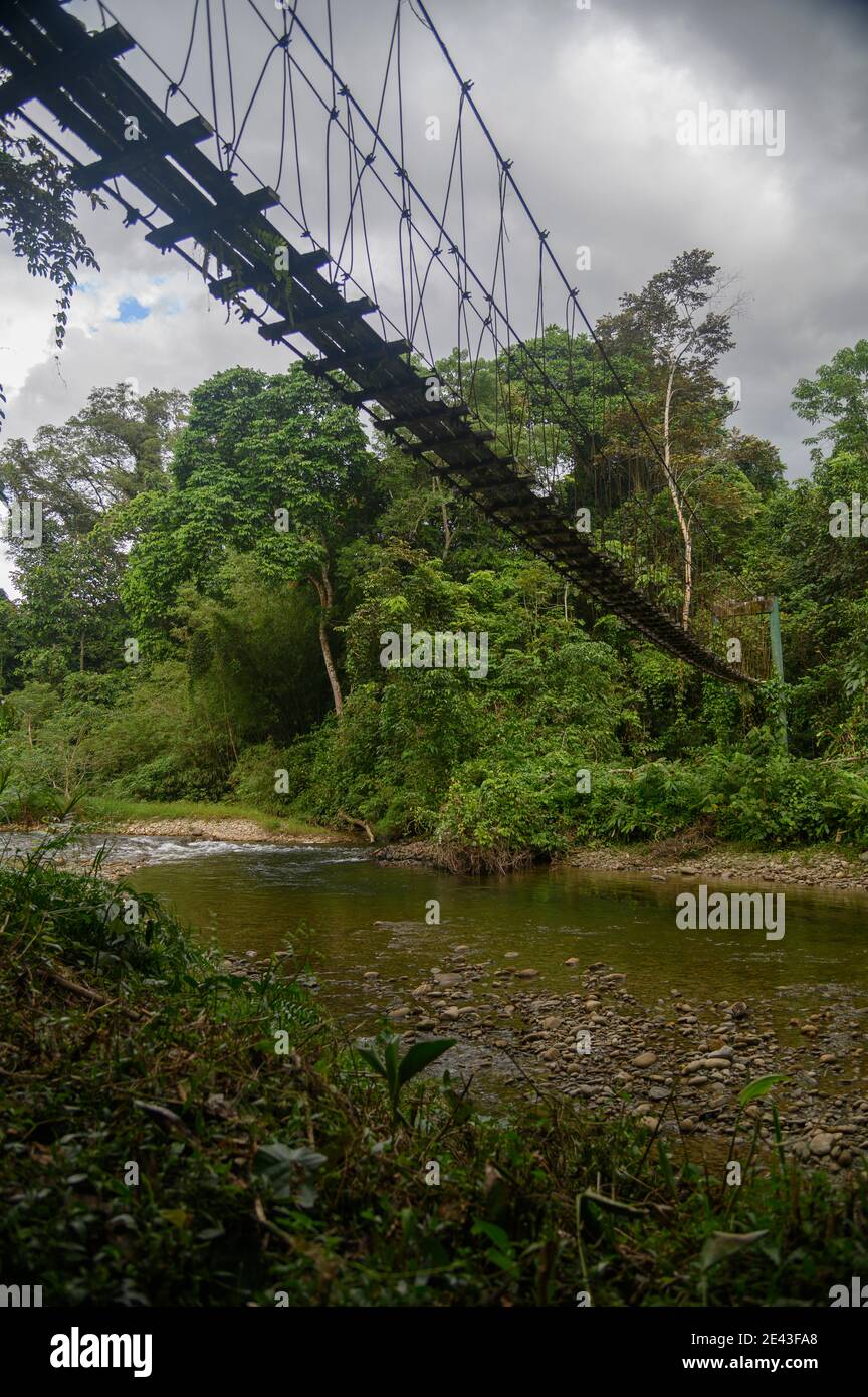 traversée de la rivière sur un pont à pied à suspension de corde Banque D'Images