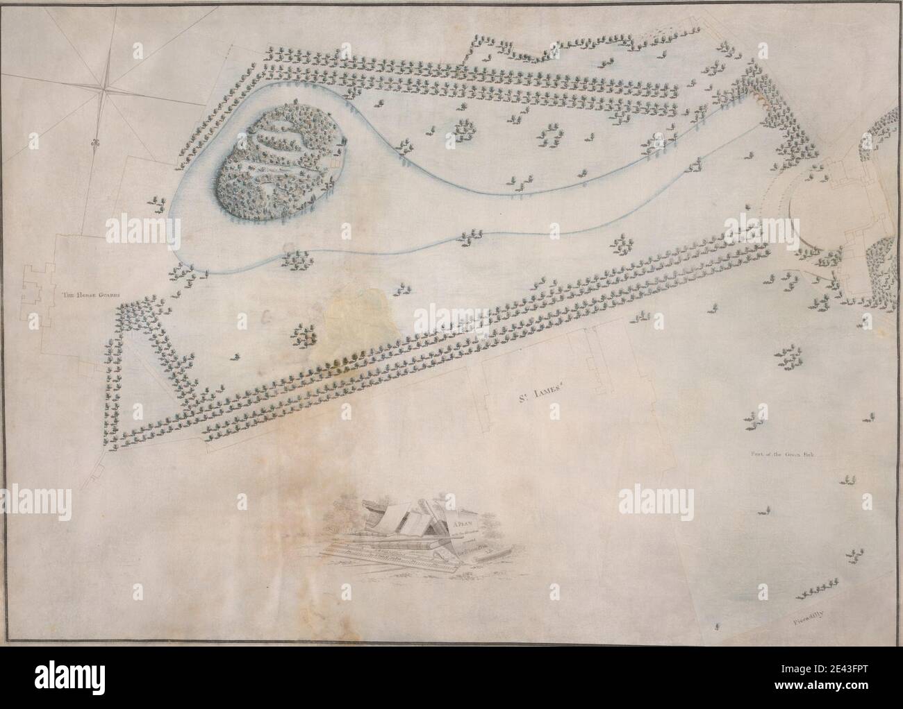 Lancelot ('Capability') Brown, 1716-1783, British, St. James's Park, London: Plan, 1770. Plume et encre noire et brune, aquarelle sur vellum modérément épais, lisse, crème. Sujet architectural , architecture de paysage , parcs (aires de loisirs) , plans (dessins). Londres, St. James's Park Banque D'Images