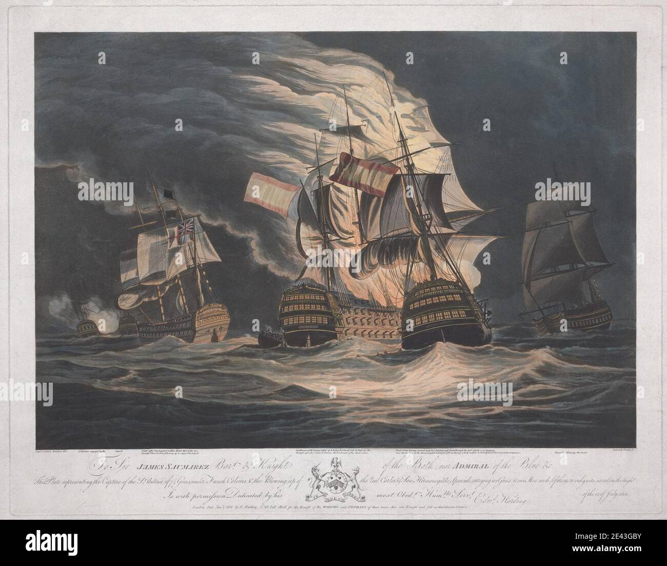 Joseph Constantine Stadler, actif 1780â€“1812, Britannique, Saumerez' action au large d'Algeciras et de Gibraltar, 6 et 12 juillet 1801, 1802. Bleu aquatint coloré. Banque D'Images