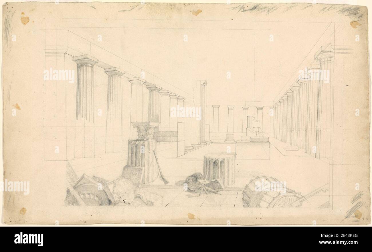 Charles Robert Cockerell, 1788 – 1863, Britannique, le Temple d'Apollon Epikourios : vue de l'intérieur, non daté. Graphite sur papier vélin crème modérément texturé, modérément épais. Sujet architectural, vue intérieure, temple Banque D'Images