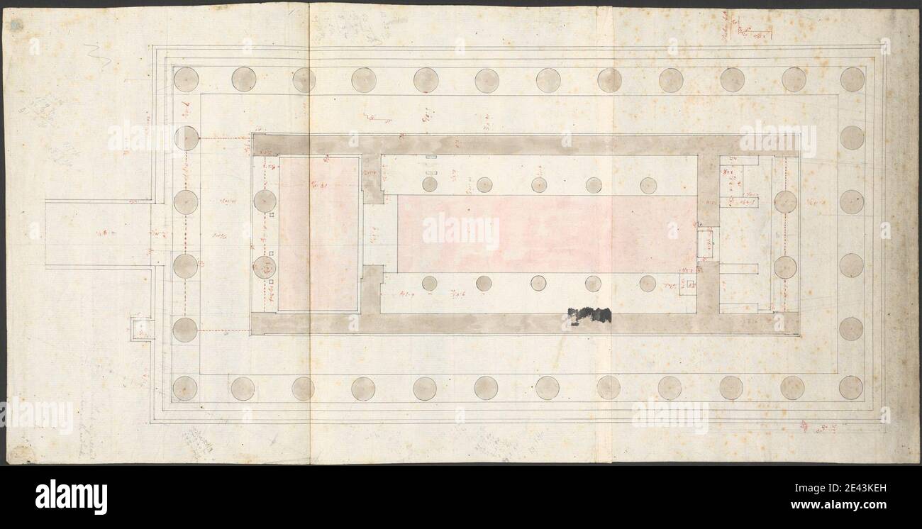 Charles Robert Cockerell, 1788â€“1863, Britannique, le Temple d'Aphaia à Aegina: Plan de terrain, montrant le Temple restauré, non daté. Graphite, stylo et encre noire et rouge, et lavage brun et rose sur deux feuilles de papier moyen, modérément texturé, crème, avec deux marques de pliure. Sujet architectural , design , plan de sol , vue intérieure , temple Banque D'Images