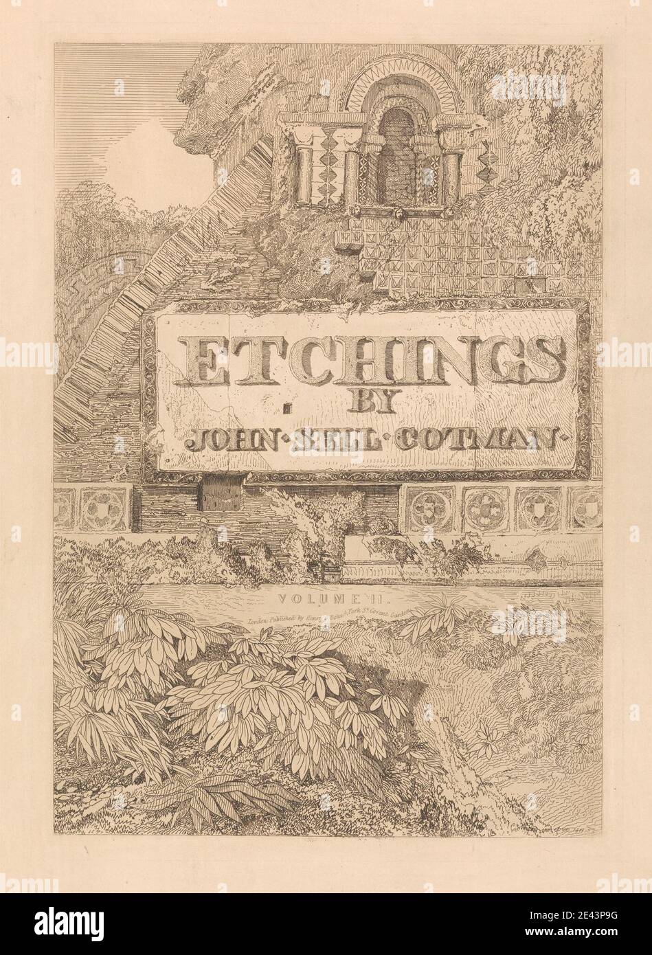 Imprimé par John Sell Cotman, 1782â€"1842, British, gravures par John Sell Cotman, Volume II, 1811. Gravure sur papier vélin épais, légèrement texturé, beige arches , sujet architectural , architecture , bâtiment , colonnes (éléments architecturaux) , décorations , frontispice (illustration) , paysage , feuilles , plaque (objet plat) , quatrefoils , arbustes , page de titre , mur , fenêtre Banque D'Images