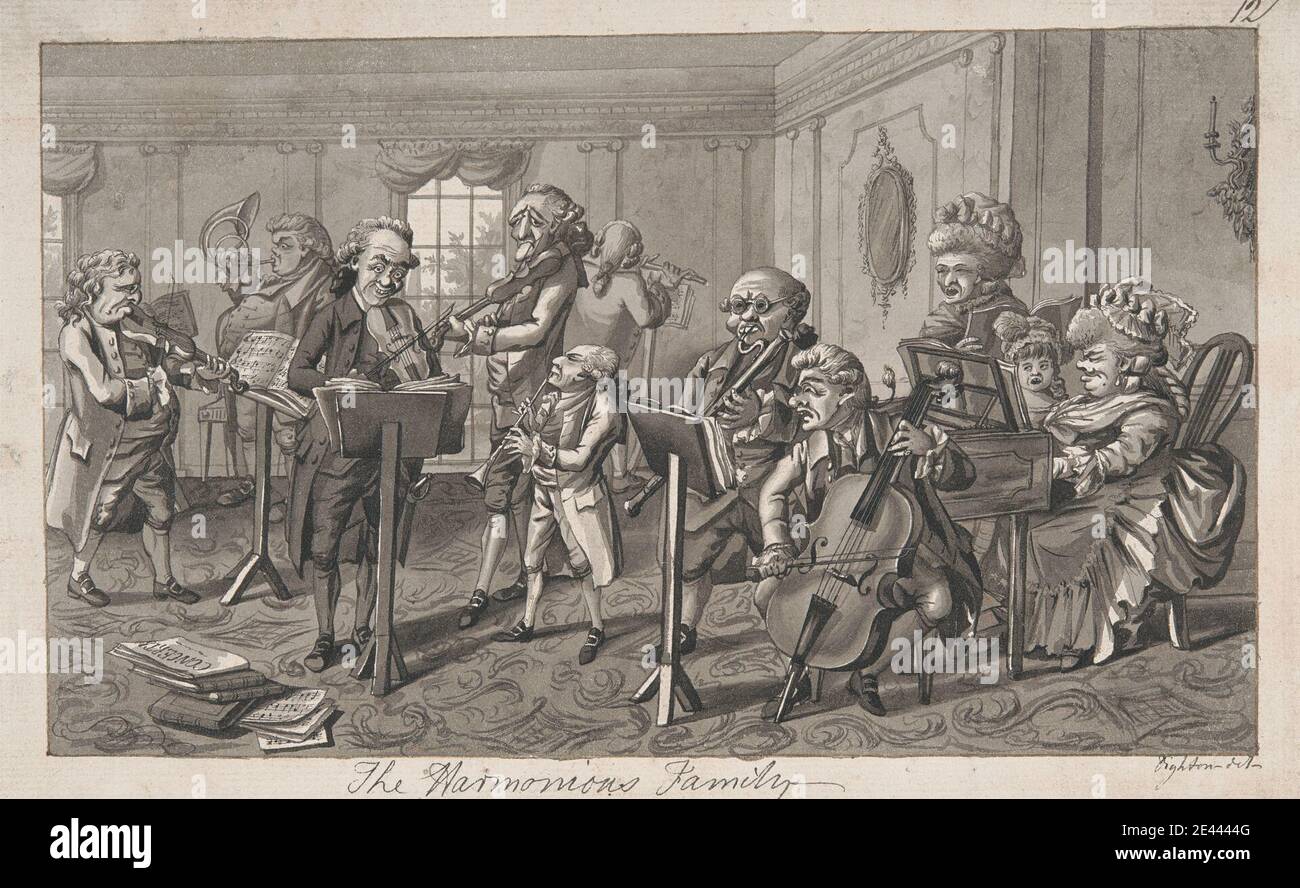 Robert Dighton, 1752â€"1814, British, The Harmonous Family, non daté. Stylo et encre noire, encre grise brossée, lavage gris, et lavage noir sur papier à la crème, moyennement texturé. Caricature , famille , genre sujet , instruments , intérieur , hommes , orchestre , femmes Banque D'Images