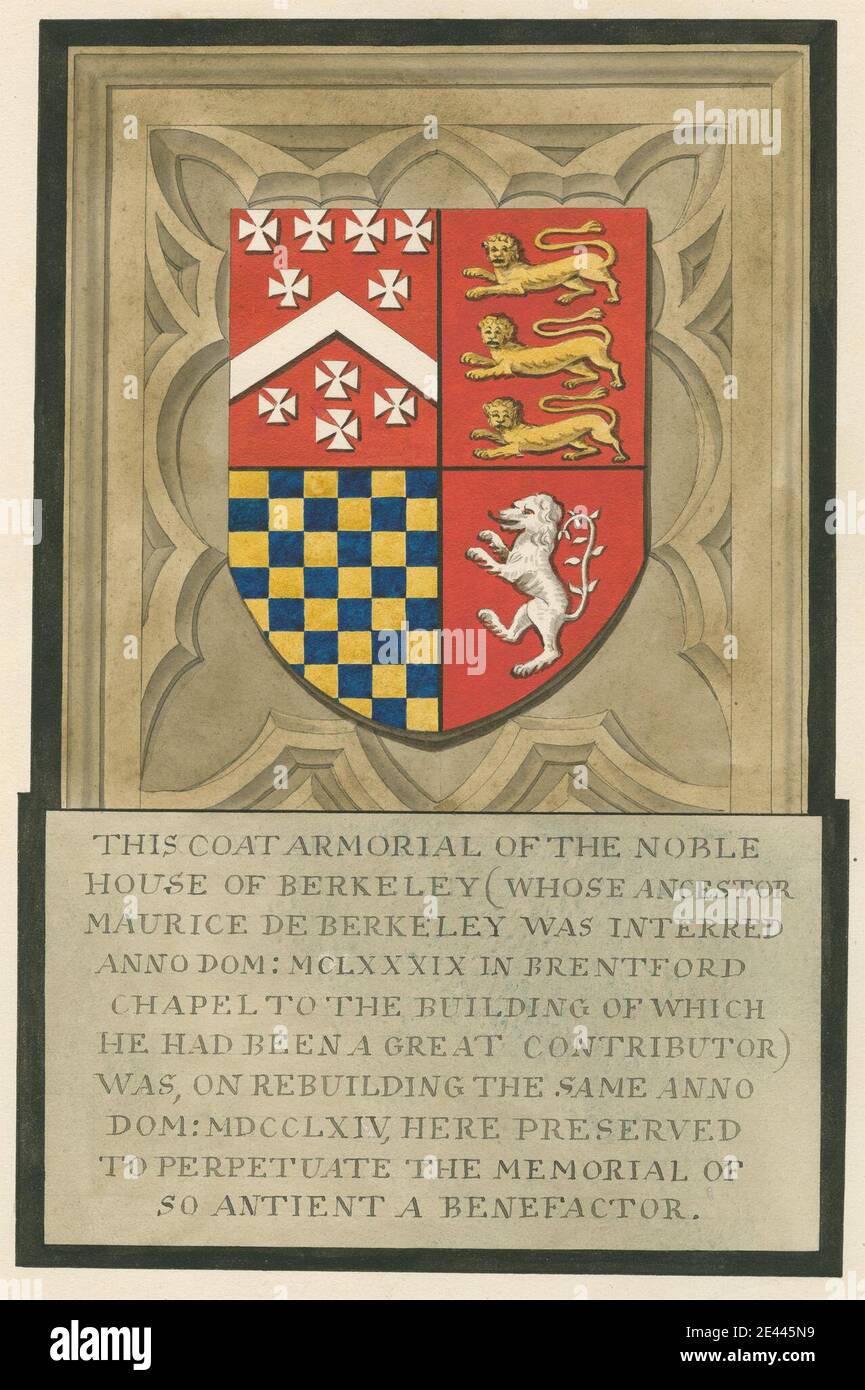 Attribué à Daniel Lysons, 1762â€"1834, Britannique, Coat Armoril de la Maison Noble de Berkeley, de Brentford Church, entre 1796 et 1811. Plume et encre noire, aquarelle et gouache sur graphite sur papier vélin moyen, légèrement texturé, crème. Sujet architectural , armorial , église , mémorial. Brentford Church , Angleterre , Grand Londres , Londres , Middlesex , Royaume-Uni Banque D'Images