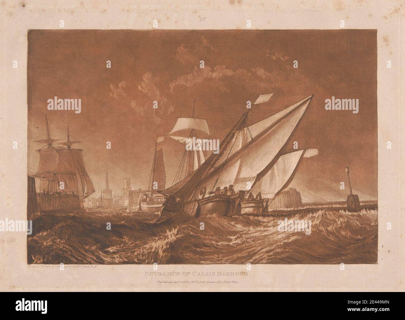 Gravé et gravé par Joseph Malbord William Turner, 1775â€"1851, British, entrée du port de Calais, 1816. Gravure et mezzotint, imprimé à l'encre brune Premier état publié sur papier à la crème, légèrement texturé, moyen. Banque D'Images