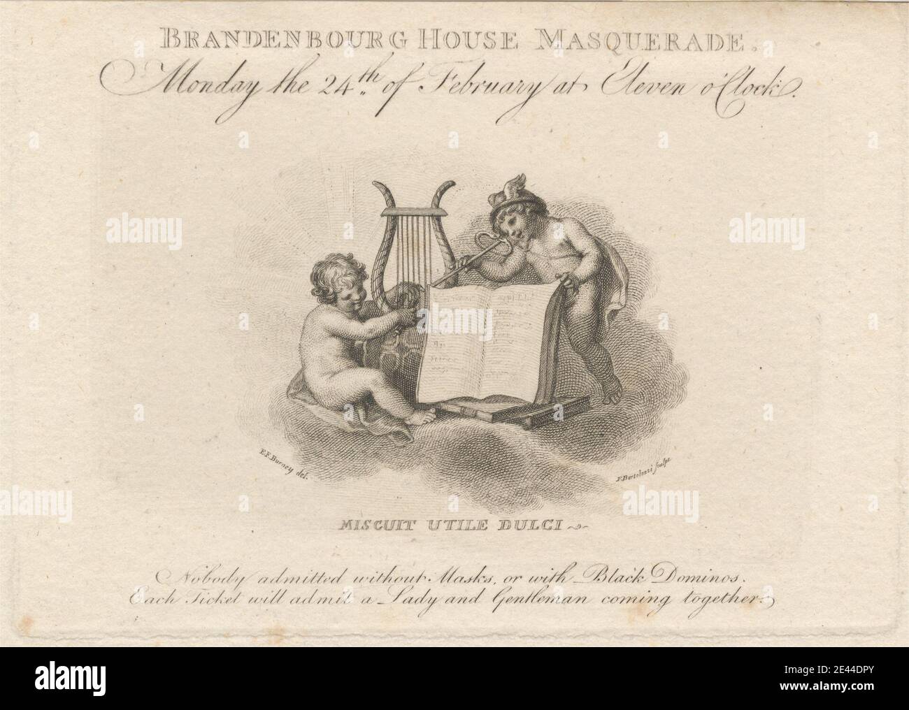Francesco Bartolozzi RA, 1728â€"1815, Italien, actif en Grande-Bretagne (1764â€"99), billet pour la maison de Brandenbourg Masquerade, ca. 1797. Gravure et gravure en ligne sur papier moyen, légèrement texturé, crème. Banque D'Images