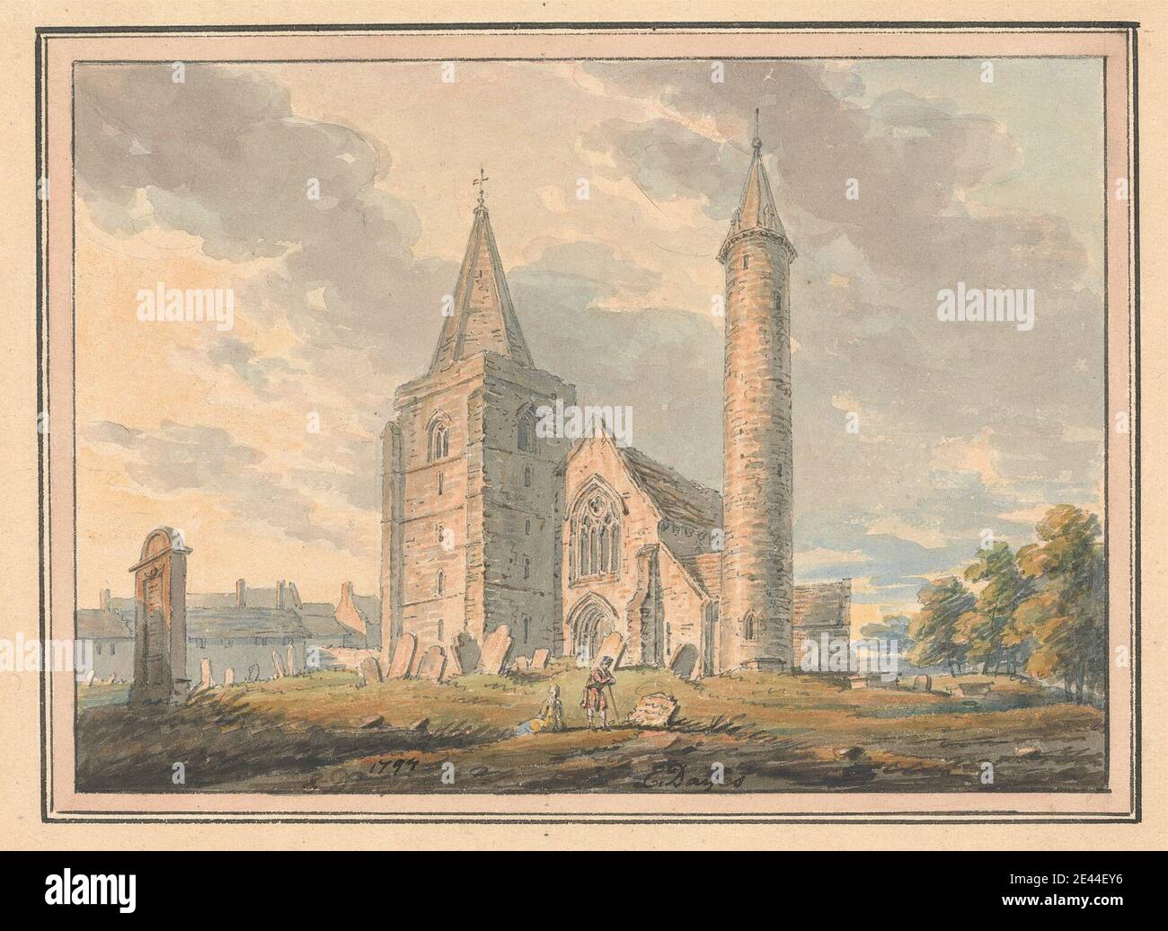 Edward Dayes, 1763–1804, British, Brechin Cathedral and Round Tower, Forfarshire, Écosse, 1797. Aquarelle, stylo et encre brune sur graphite sur papier vélin moyen, légèrement texturé, crème. Sujet architectural , cathédrale , extérieur , tour (division bâtiment). Europe , Forfarshire , Écosse , Royaume-Uni Banque D'Images