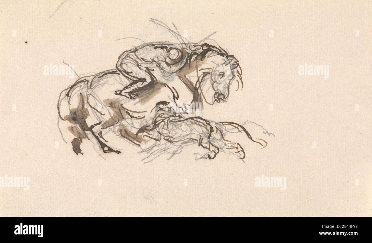 Sawrey Gilpin, 1733â€“1807, Britannique, cheval et Rider attaqué par un Lion, non daté. Stylo et encre brune avec bruns laver sur graphite sur papier moyen, légèrement texturé, crème posée. Art animal , attaque , équestre , cheval (animal) , lion , art sportif Banque D'Images
