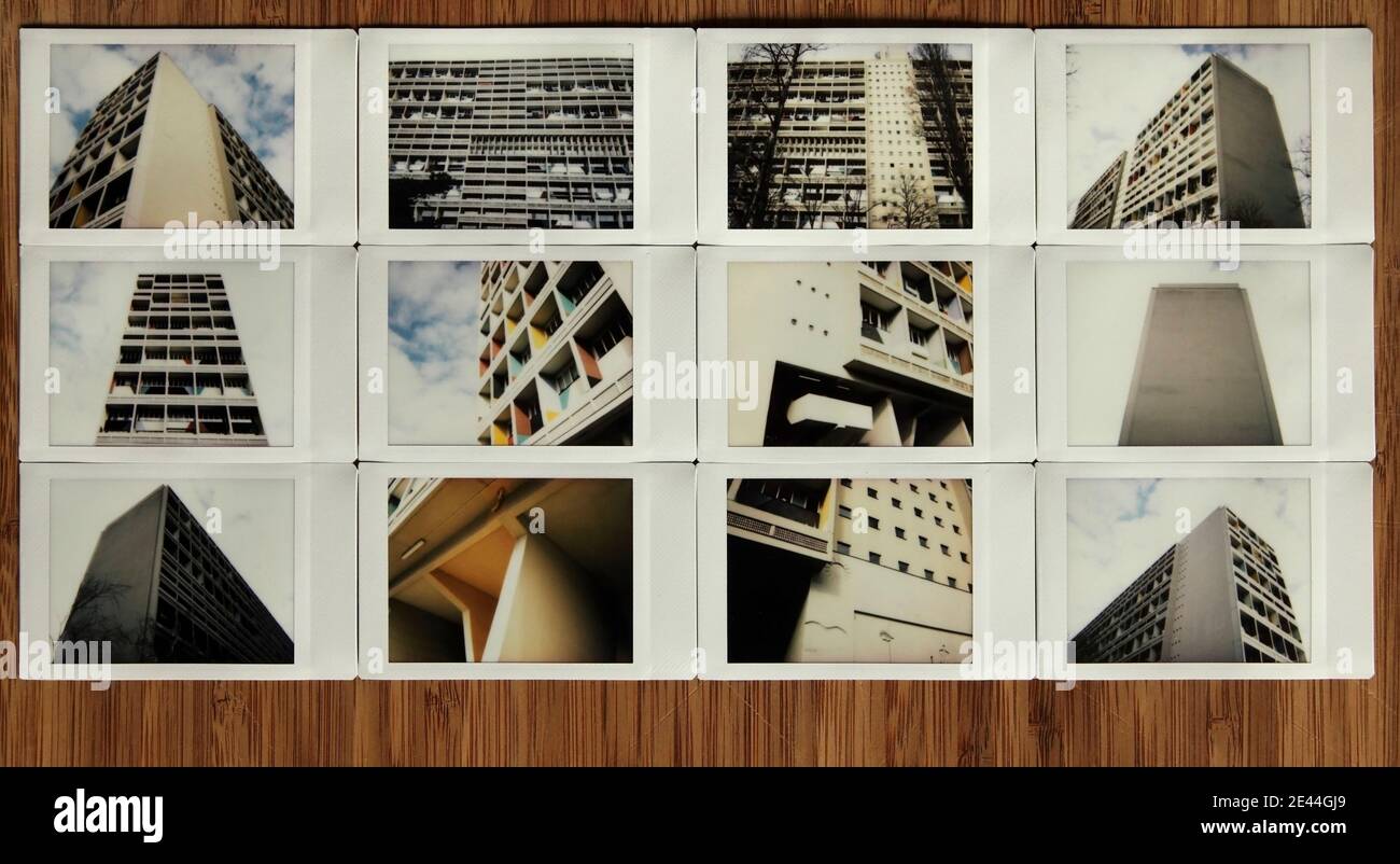 Fujifilm Instax photos instantanées du bâtiment le Corbusier conçu Unite d'habitation (1958), Berlin, Allemagne. Banque D'Images