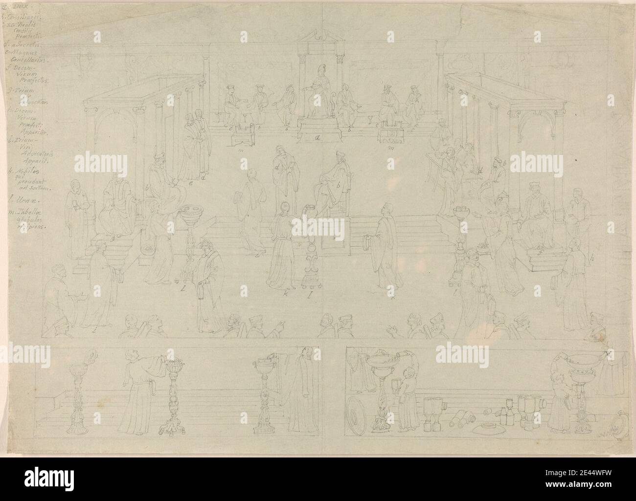 Edward Francis Burney, 1760-1848, British, Design for Roman Government Chamber (?), non daté. Graphite sur papier vélin moyen, légèrement texturé, beige. Sujet architectural , colonnes (éléments architecturaux) , urnes Banque D'Images