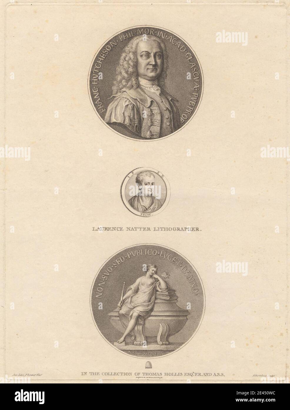 Imprimé par Francesco Bartolozzi RA, 1728–1815, italien, actif en Grande-Bretagne (1764–99), médaillons de F. Hutcheson et L. Natter, 1780. Mezzotint, gravure en pointillé et gravure sur papier crème modérément épais et modérément texturé. Livres , bustes , papillon , cercles (figures de plan) , manteau , costume , cravat , lithographe , médaillé , médaillons (médailles) , hommes , deuil , philosophe , portrait , portraits , professeur , robes , robes Sarcophage , sceptre , sculpteur , assis , glands , tota , université , Université de Glasgow , gilet , perruque , femme . Glasgow , Écosse , United Kingdo Banque D'Images