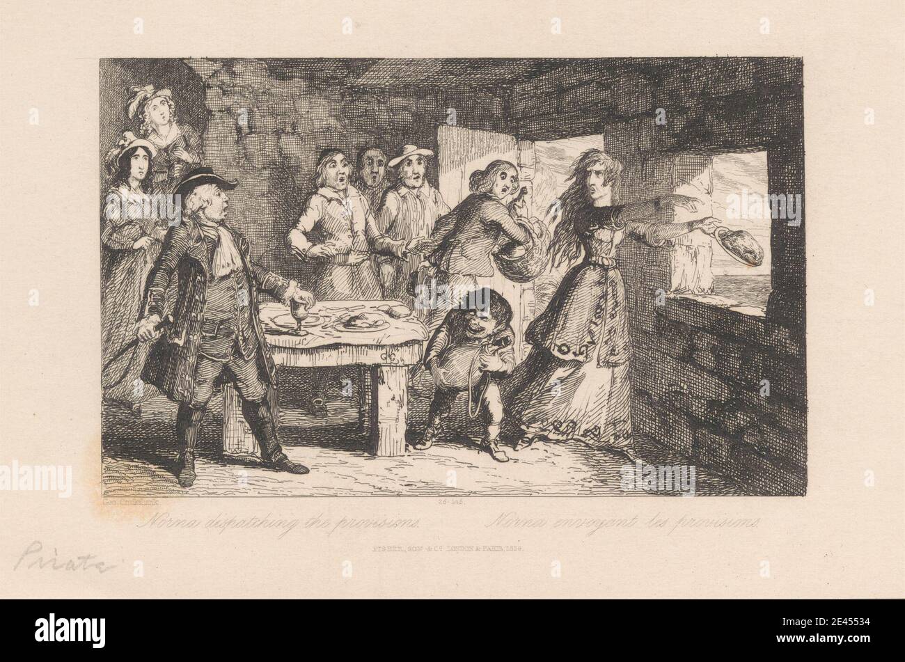 Imprimé par George Cruikshank, 1792-1878, British, Norma Dispatching the provisions, 1838. Gravure sur papier vélin crème, légèrement texturé, moyen. Banque D'Images