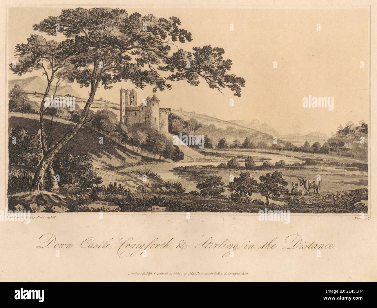 Imprimé par Thomas Medland, 1755â€"1823, British, Down Castle, Craigforth et Stirling in the loin, 1802. Aquatint sur du papier vélin moyen, légèrement texturé et crème. Banque D'Images