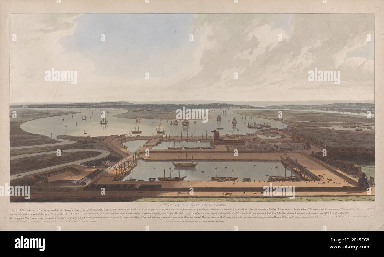 William Daniell, 1769â€“1837, British, London Docks: 6 vues: New Dock, Wapping, 1803, 1808. Bleu aquatint de couleur main. Banque D'Images
