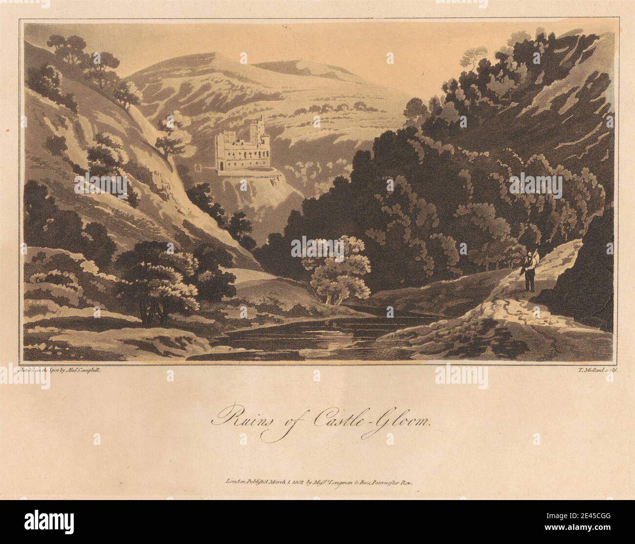 Imprimé par Thomas Medland, 1755â€“1823, British, ruines de Castle-Gloom, 1802. Aquatint sur du papier vélin moyen, légèrement texturé et crème. Banque D'Images