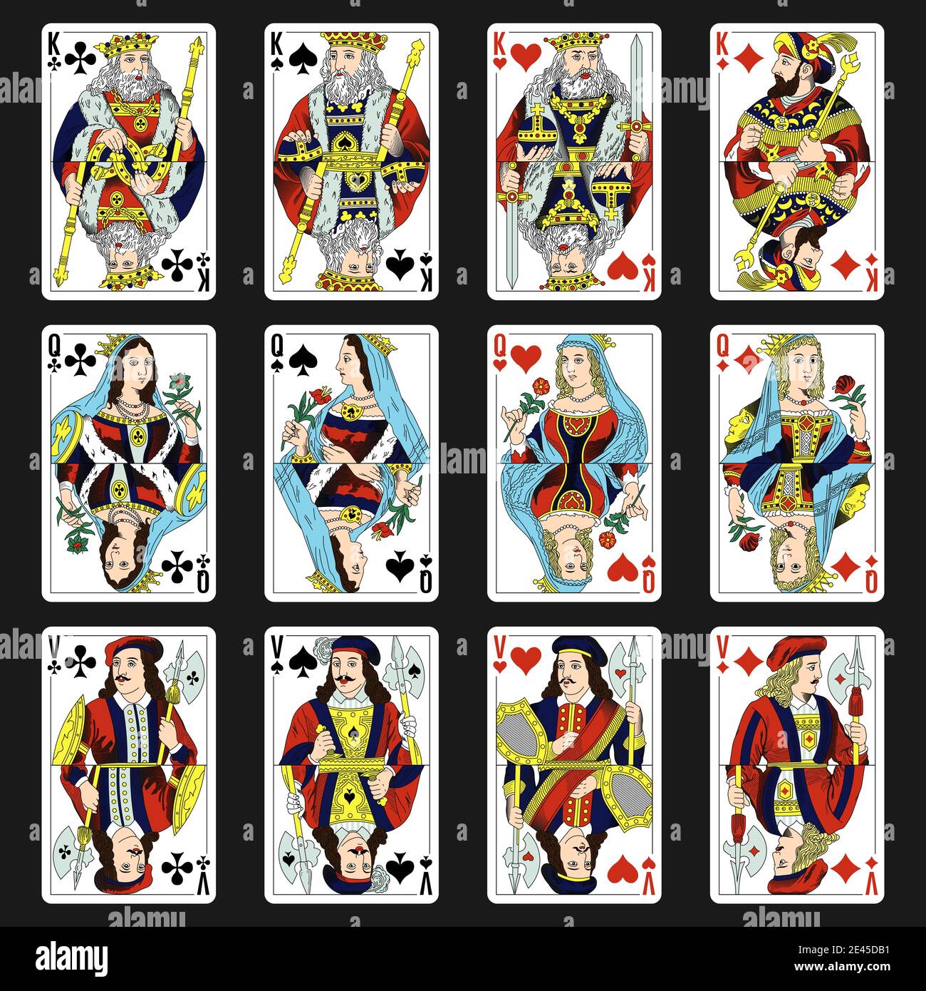 Modèles de cartes à jouer russes, king, queen, jack. Illustration de Vecteur