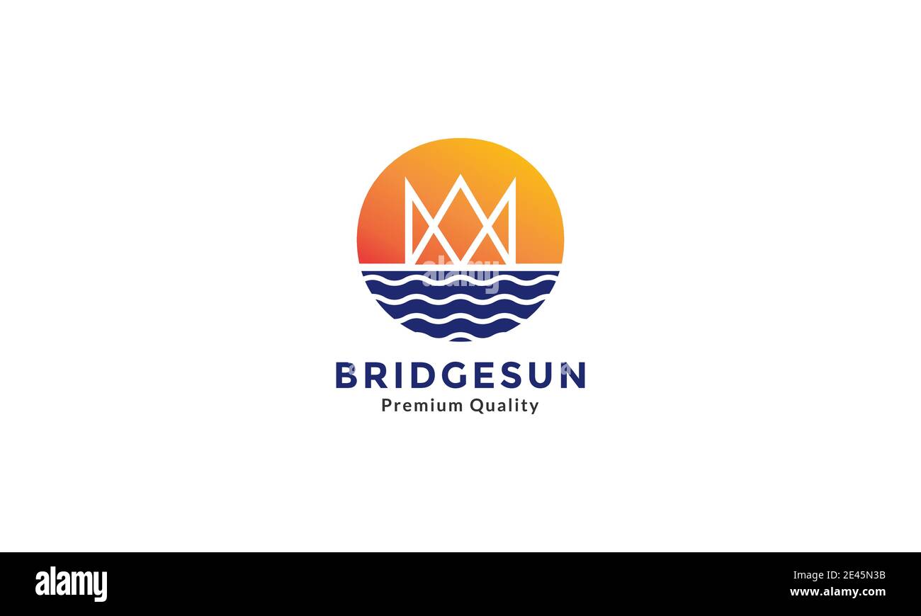 pont avec mer et coucher de soleil cercle logo symbole vecteur d'icône design graphique Illustration de Vecteur