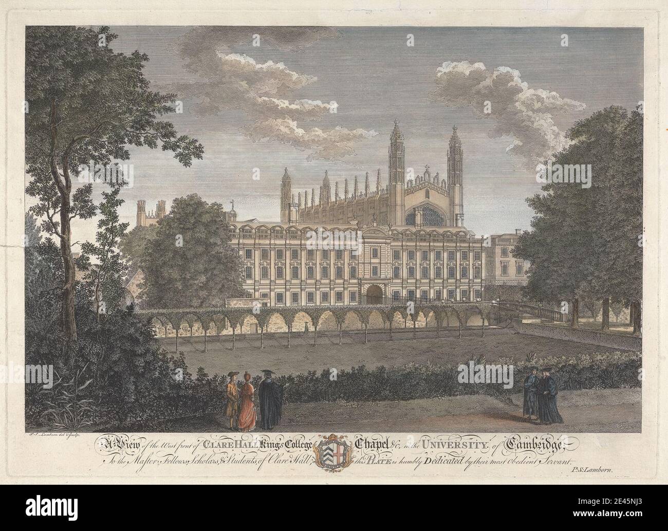 Peter S. Lamborn, 1722â€"1774, UNE vue de la face ouest de Clare Hall, King's College Chapel..in l'Université de Cambridge. Gravure à la main. Banque D'Images