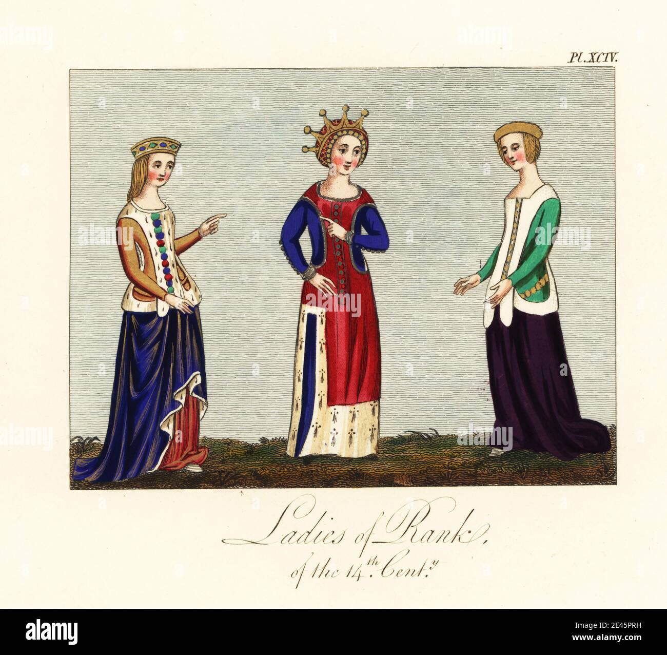 Dames de rang du XIVe siècle. Robe de chambre en diadem et couronne, robes bordées d'hermine décorées de pierres précieuses de Giovanni Boccaccio de claris mulieribus, Royal MS 16 G v, Abbé Lytlington's Missal à Westminster, et Royal MS 20 C i. Gravure faite à la main par Joseph Strutt de sa vue complète de la robe et des habitudes du peuple d'Angleterre, Henry Bohn, Londres, 1842. Banque D'Images