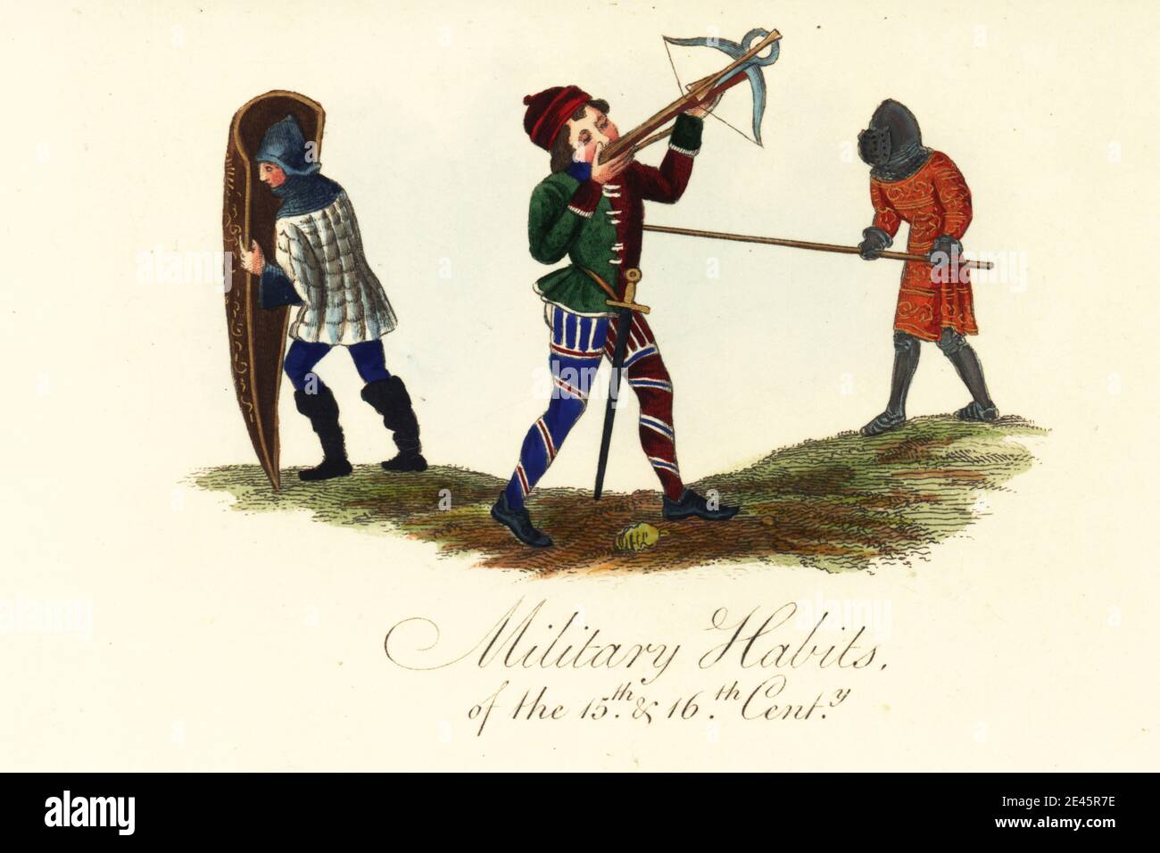 Habitudes militaires du XVe siècle. Soldat en armure de tabard et de chaîne derrière un grand bouclier de Guillaume de Lorris et de Jean de Meun Roman de la Rose, F.139r, Harley MS 4425, crossbow homme en tuyau de couleur parti du Talbot Shrewsbury Book, Royal MS15 E IV, Et le danseur en armure de plaque et surpeat brodé de Breviary de John le Fearless et Margaret de Bavière, F.258r, Harley MS 2897. Gravure faite à la main par Joseph Strutt de sa vue complète de la robe et des habitudes du peuple d'Angleterre, Henry Bohn, Londres, 1842. Banque D'Images