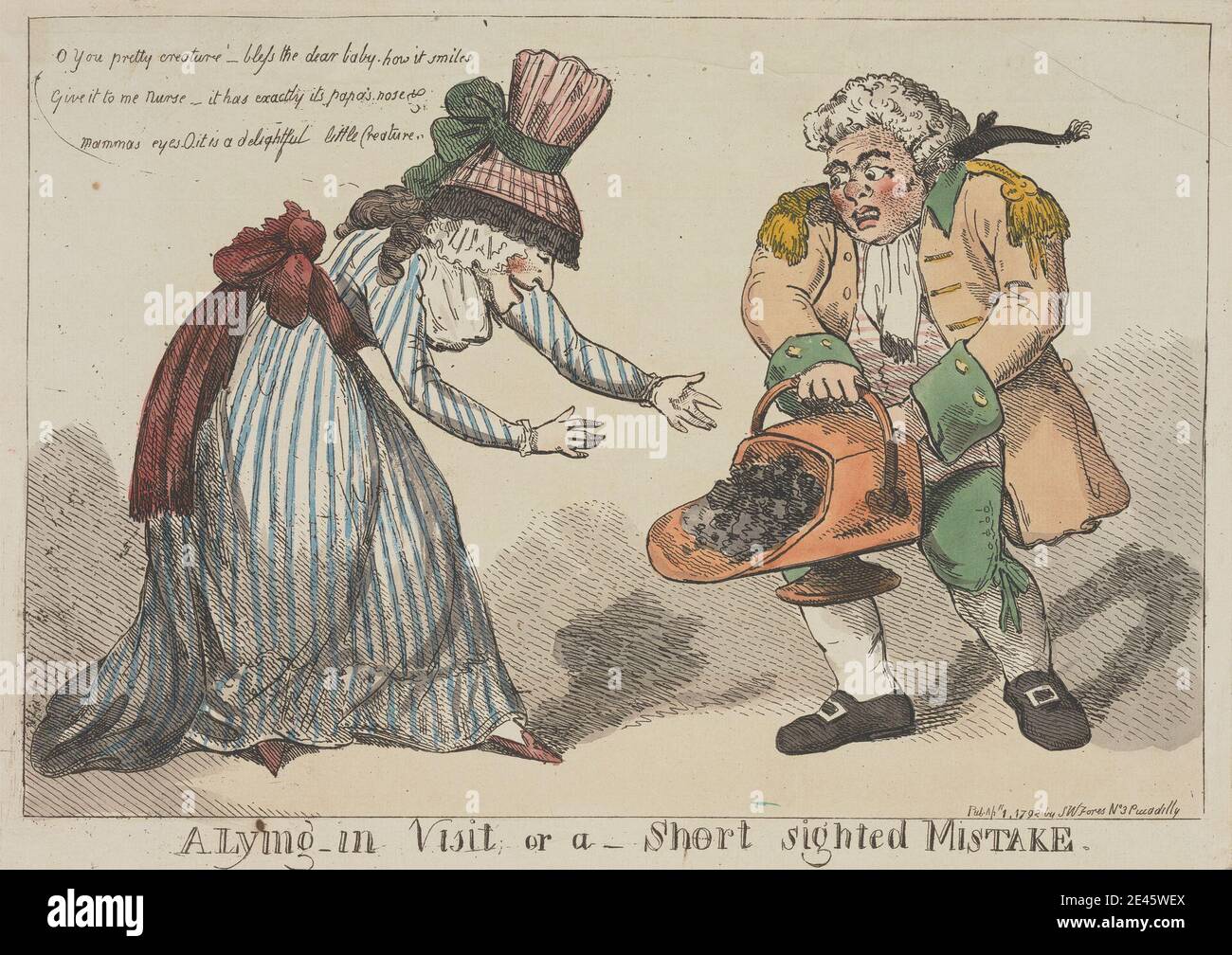 Thomas Rowlandson, 1756â€"1827, Britannique, UNE visite de mentir, ou une erreur à courte vue, 1792. Gravure, couleur main. Banque D'Images