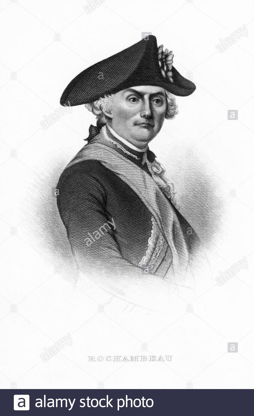 Le maréchal Jean-Baptiste Donatien de Vimeur, comte de Rochambeau, 1725 – 1807, était un noble et général français dont l'armée a joué le rôle décisif en aidant les États-Unis à vaincre l'armée britannique à Yorktown en 1781 pendant la Révolution américaine, illustration ancienne de 1880 Banque D'Images