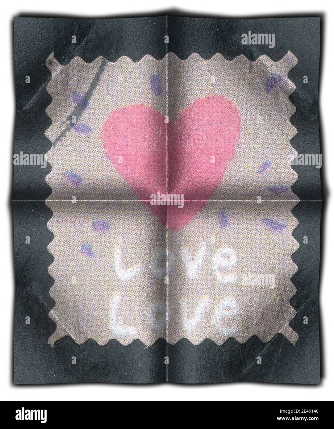 Forme de coeur, timbre-poste, fond noir, confiserie, bonbons, avion 14.2, valentin Banque D'Images