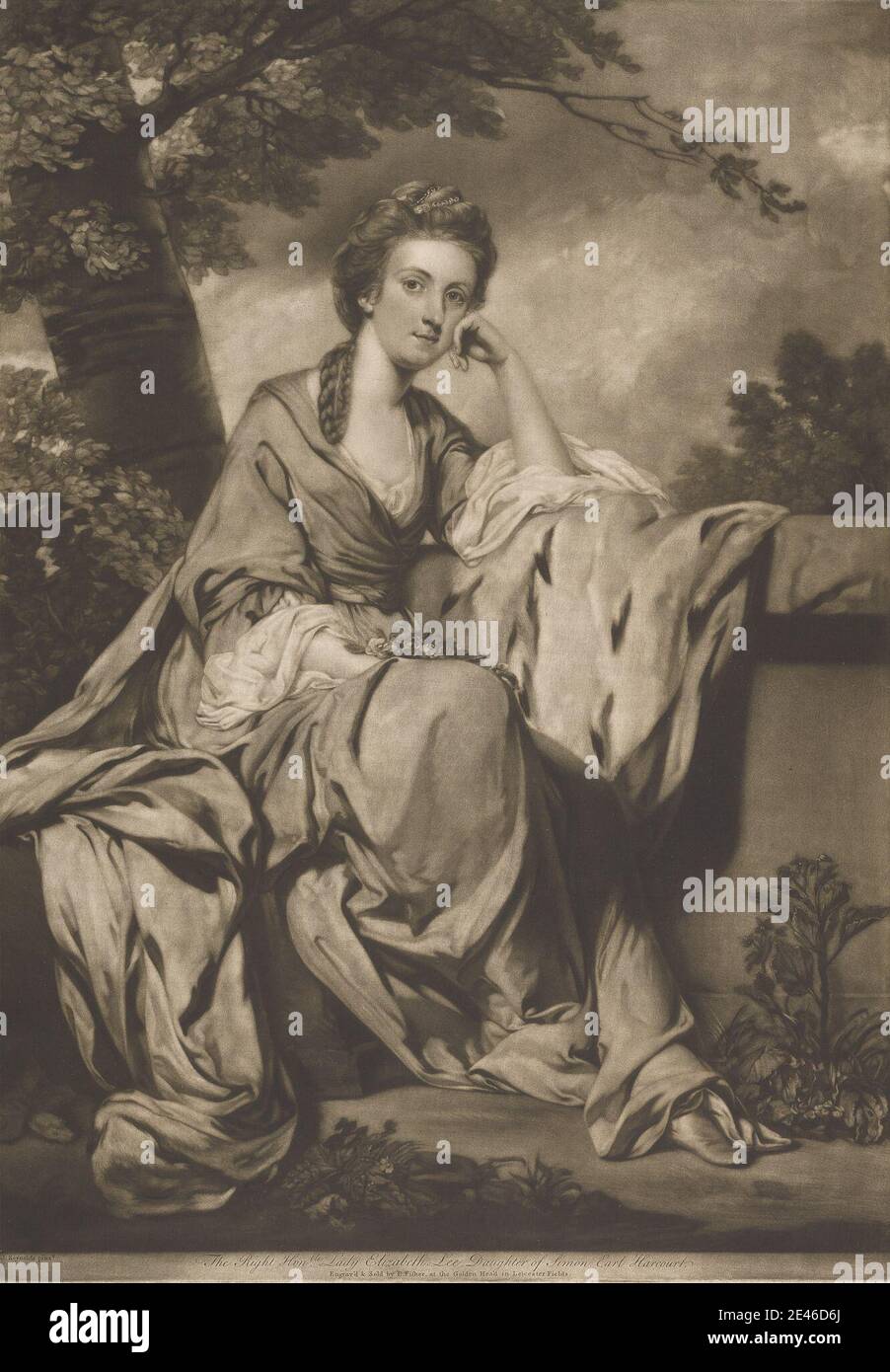 Imprimé réalisé par Edward Fisher, 1722â€"1785, Britannique, la très honorable Dame Elizabeth Lee, fille de Simon Earl Harcourt, entre 1765 et 1785. Mezzotint ( 2ème état ) sur papier moyen, légèrement texturé, crème. Elizabeth, Lady Lee (1739-1811), peintre Banque D'Images