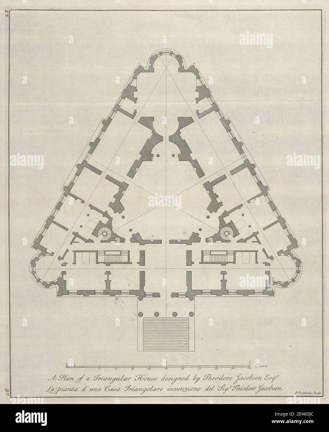 Paul Fourdrinier, Français, PLAN d'une Maison triangulaire conçue par Theodore Jacobsen Esqr, non datée. Gravure sur papier légèrement épais, légèrement texturé et crème. Dessin architectural , sujet architectural , design , maison , mesure , plan (dessin) , échelle (règle) , triangulaire Banque D'Images