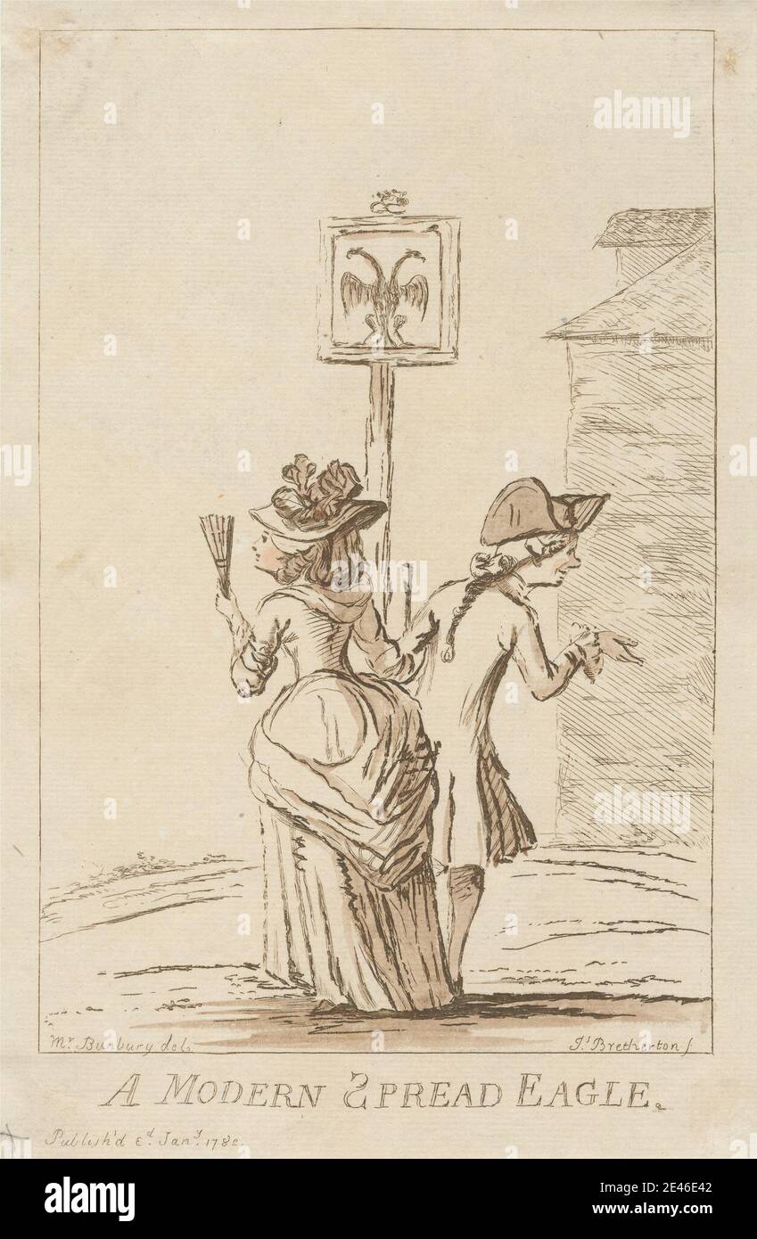 Imprimé réalisé par James Bretherton, Californie 1730â€“1806, British, A Modern Spread Eagle, 1782. Gravure avec coloration à la main sur papier blanc bleuté de taille moyenne, modérément texturé. Bâtiment , caricature , manteau , blason , costume , cimier , boucles , aigle à double tête , robe , aigle (oiseau) , emblème (symbole) , ventilateur , genre sujet , geste , robe , salut , robe , Monarchie des Habsbourg , chapeaux , humour , penses , homme , parodie , poste , perruque de file , satire , signe , tricorne , perruque , femme Banque D'Images