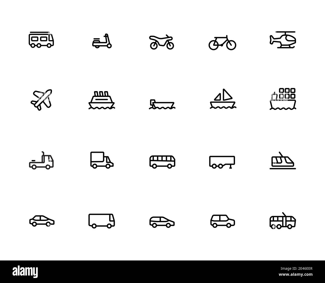 Différentes icônes de transport présentent une icône isolée sur fond blanc. Illustration de Vecteur