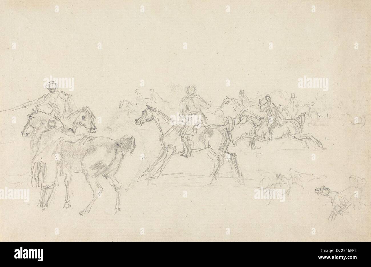 Sawrey Gilpin, 1733â€"1807, British, Hunt disciples... se déplaçant avec les Hounds à gauche, sans date. Graphite sur modérément épais, modérément texturé, crème, papier ponté. Chiens (animaux) , cavaliers , équitation , chevaux (animaux) , chiens (chiens) , chasse , chasse , hommes , art sportif Banque D'Images