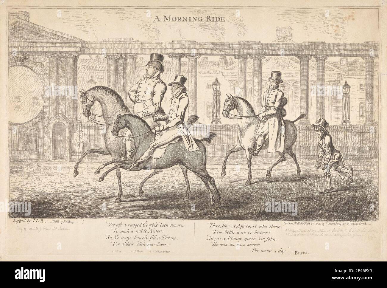 James Gillray, 1757–1815, British, A Morning Ride, 1804. Gravure sur papier vélin beige modérément épais, légèrement texturé. Arches , garçon , manteaux , pavés , colriel , colonnes , clôtures , genre sujet , marié , garde , sujet historique , chevaux (animaux) , maison , humour , roi (personne) , lampadaires , hommes , noblesse , pediment , politique , prince , rênes , équitation , courir , satire , serviteurs , rue , chapeaux de tête. George VI (1895-1952), roi d'Angleterre, a succédé à l'abdication d'Edward VIII Banque D'Images