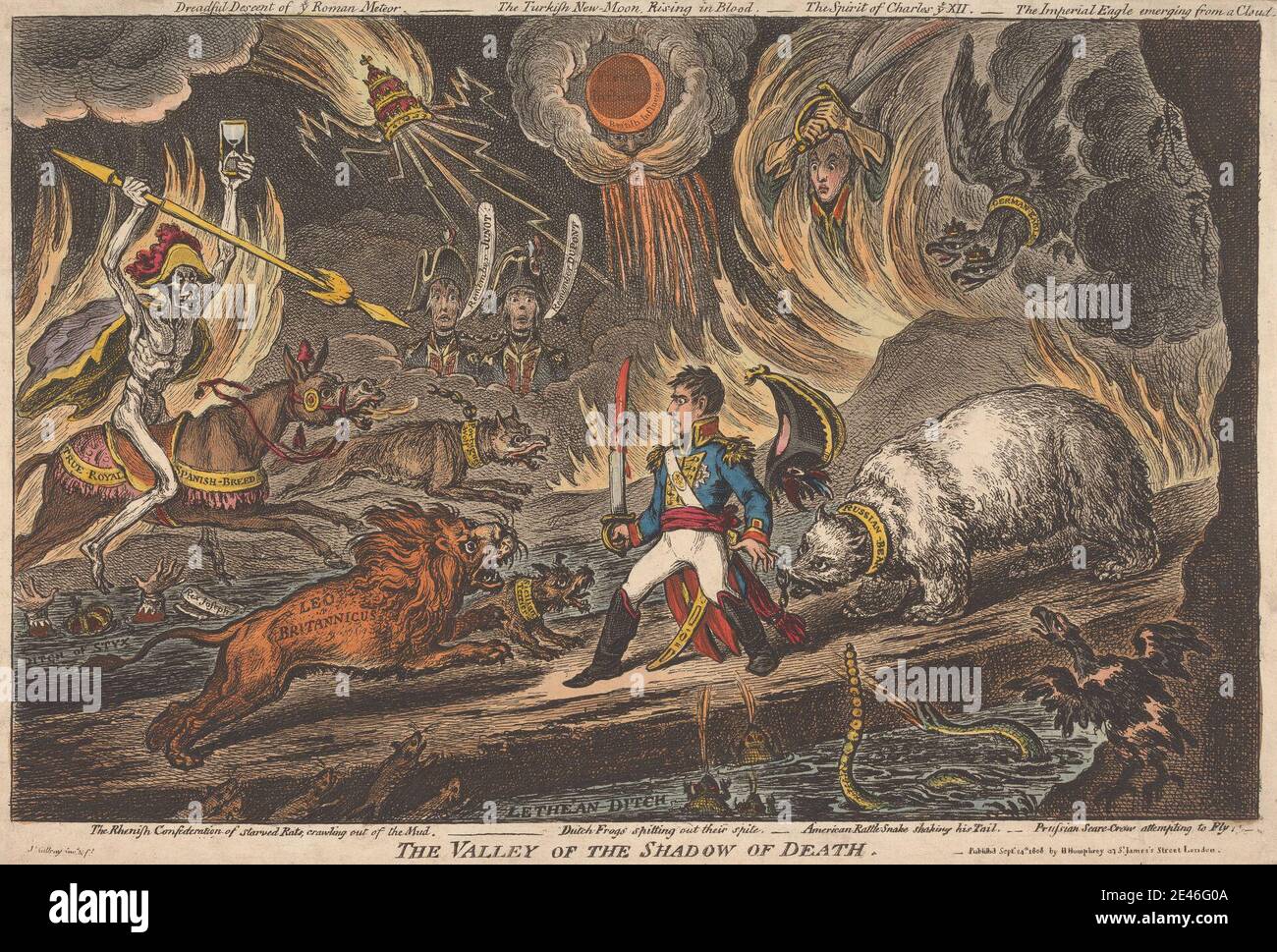 James Gillray, 1757–1815, British, The Valley of the Shadow of Death, 1808. Gravure et aquatint, à la main sur modérément épais, légèrement texturé, papier de mousse. Animaux , bible , oiseaux , caricature , chaînes , couronnes (symboles de souveraineté) , mort , chiens (animaux) , âne , mourir , Europe , peur , feu , grenouilles (animaux) , chapeau , enfer , Sujet historique , sablier , humour , foudre , monstres , lune , parodie , chemin , politique , rats , équitation , rivières , satire , ombre , signes , squelettes , serpents , soldats , lance , Styx (rivière des Hadès); 'Tige' (Ripa) , épées , vallée , guerre Banque D'Images