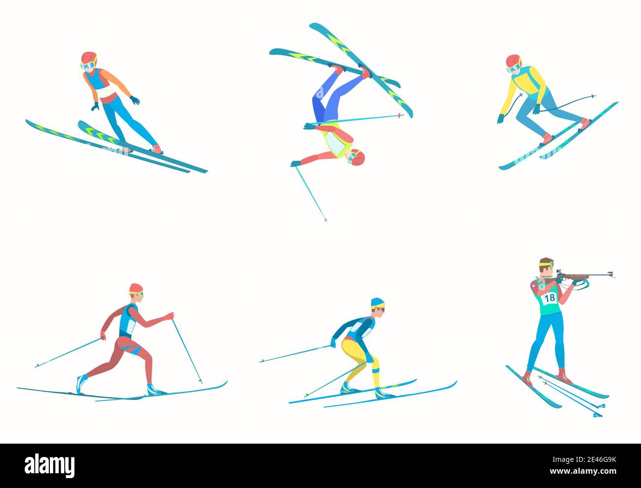 Ensemble d'athlètes sports d'hiver avec skis. Illustration de Vecteur