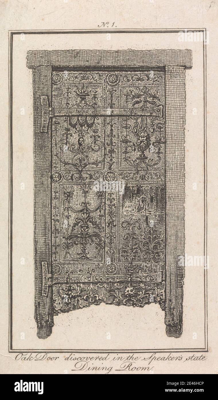Imprimé par John Thomas Smith, 1766â€"1833, British, Oak Door découvert dans la salle à manger de Speaker's State, 1806. Gravure et gravure de ligne sur papier vélin blanc légèrement texturé, modérément épais. Sujet architectural, porte. Cité de Westminster , Angleterre , Londres , Palais de Westminster , Royaume-Uni Banque D'Images