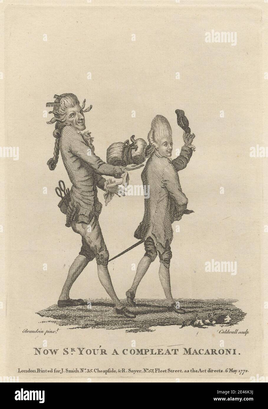 Imprimé par James Caldwall, 1739â€"1819, Britannique, maintenant Monsieur, vous êtes un Macaroni complet, 1772. Gravure en ligne, gravure en pointillé et gravure sur papier crème modérément épais et modérément texturé. barbier , noeuds (accessoires de costume) , culottes (pantalons) , caricature , manteaux , peignes , costume , cravats , mode , genre sujet , coiffeurs , coiffures , humour , macaronis , hommes , parodie , poches (composants de costume) , pompadour , perruque de file , satire , ciseaux , personnel (bâton de marche) , épée , perruque de cravate , gilets , perruques Banque D'Images