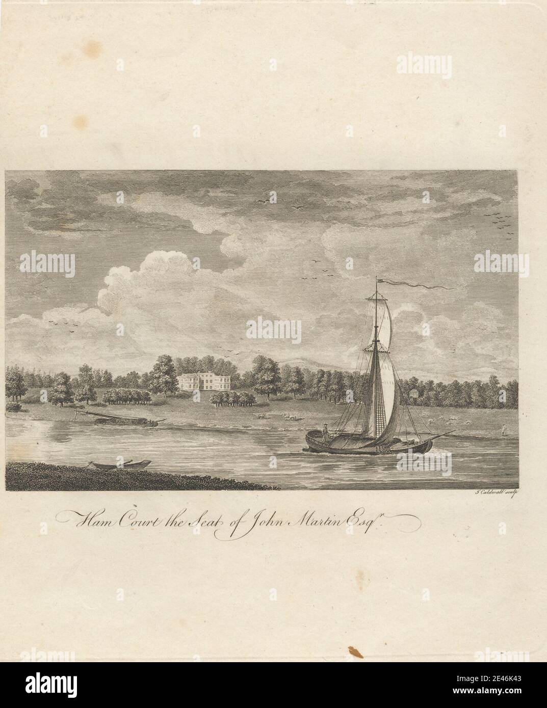 Imprimé par James Caldwall, 1739–1819, British, Ham court, The Seat of John Martin, Esq, non daté. Gravure et gravure de ligne sur papier de véve de moyenne, légèrement texturé, crème. Oiseaux , bateaux , bâtiment , château , nuages , ânes , champ , drapeau , pâturage , maison , paysage , homme , manoir , manoir , art marin , mâts , oars , pâturage , poteaux , punt (bateau) , rivière , berges , voiliers , voiles , marins , moutons , berger , arbres. Bampton , Château de Bampton , Angleterre , Ham court , Oxfordshire , Royaume-Uni Banque D'Images