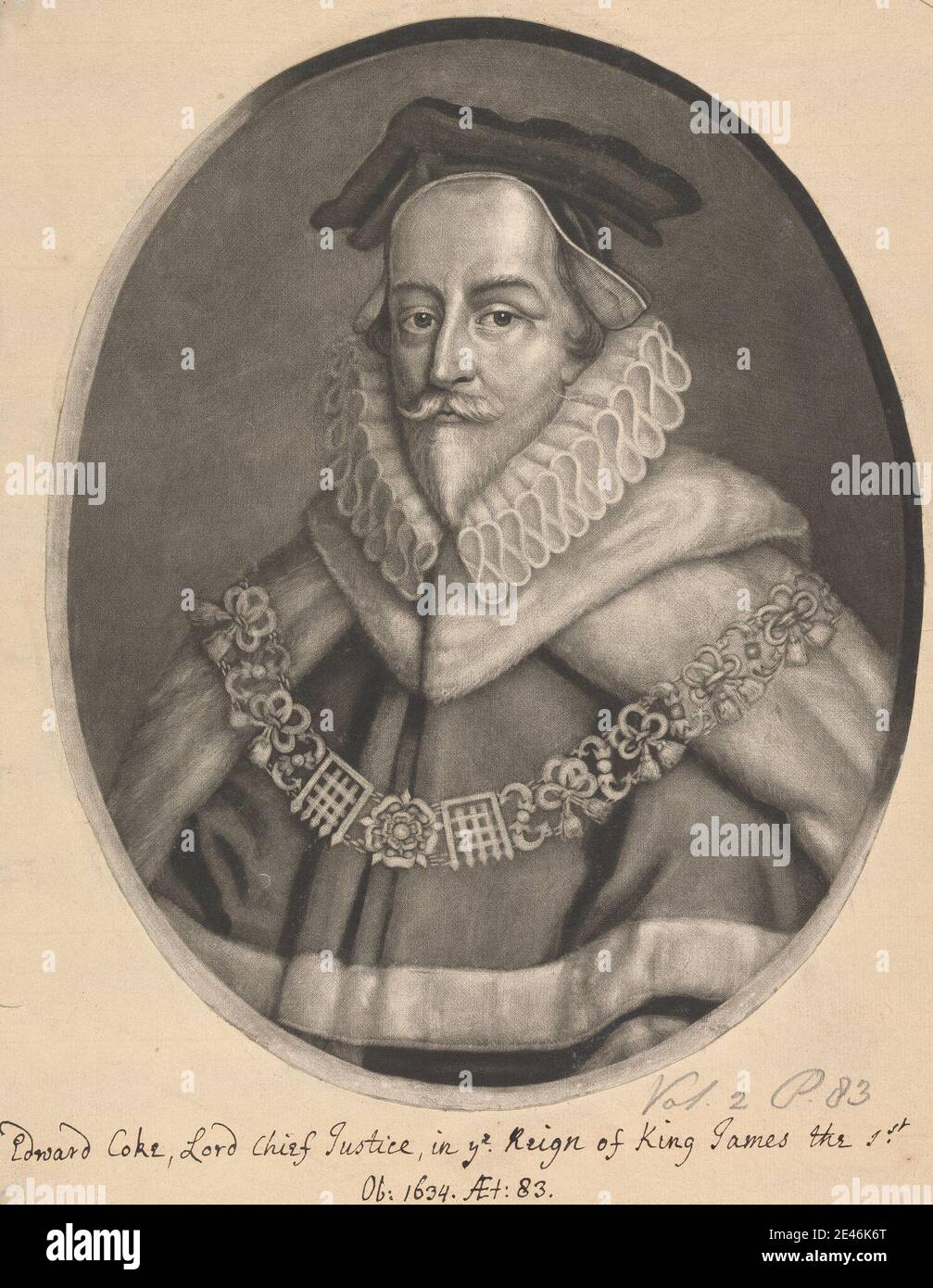 artiste inconnu, ( ? J Cooper ), sir Edward Coke, ca. 1615. Mezzotint sur du papier modérément épais, légèrement texturé, beige, posé, monté sur du papier, moyen, moyennement texturé, crème, couché. Banque D'Images