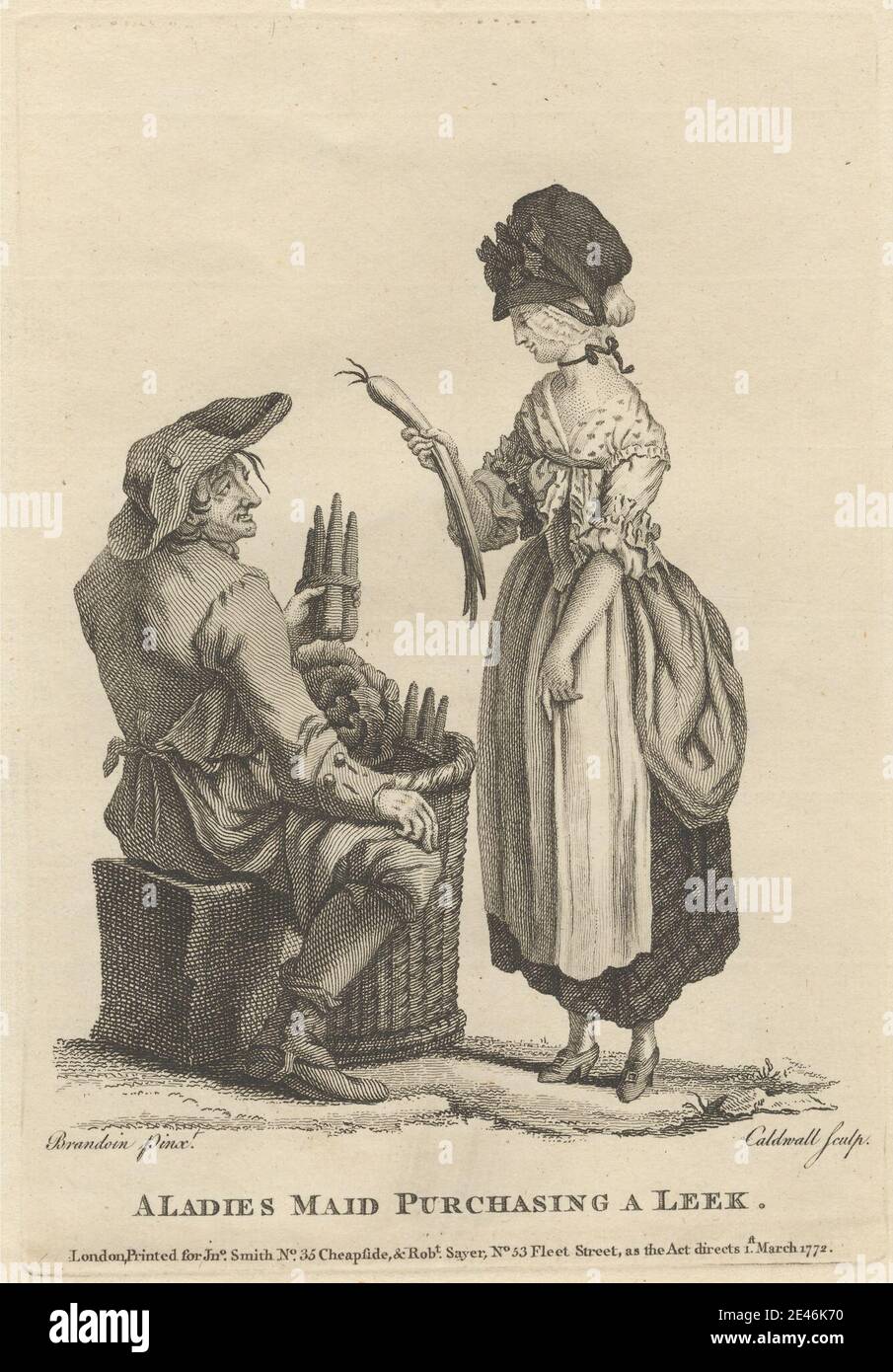 Imprimé réalisé par James Caldwall, 1739â€"1819, British, A Dames Maid Purchasing a Leek, 1772. Gravure de ligne et gravure sur papier légèrement épais, modérément texturé, crème. Tablier , panier , chapeau (chapeau) , chou , carottes , manteau , costume , robe , chapeaux , poireaux , laitue , femme , homme , marché (événement) , marchand , achat , truffe , satire , sourire , tricorne , légumes , femme Banque D'Images