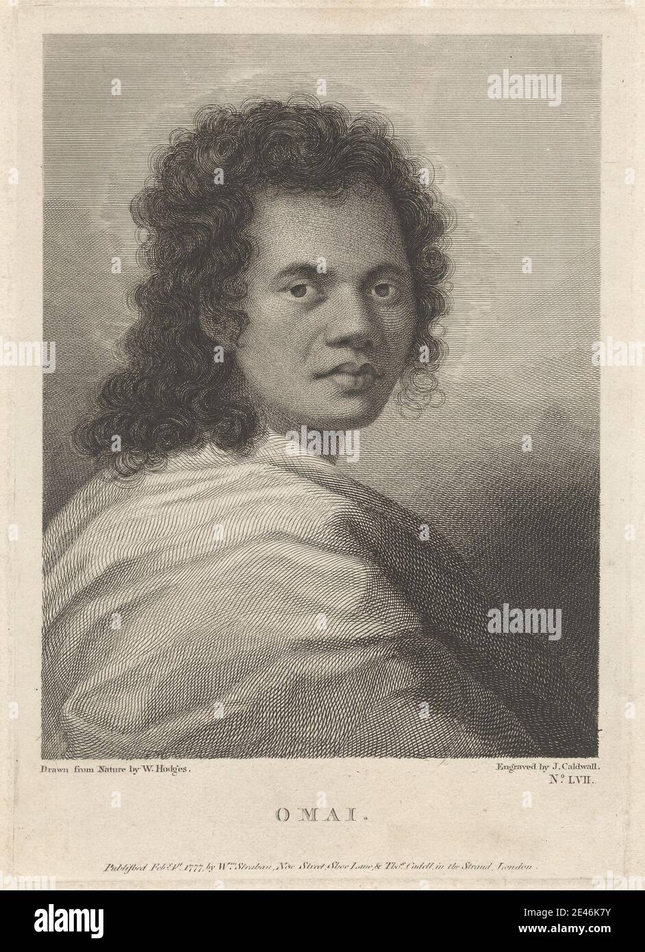 Imprimé par James Caldwall, 1739â€"1819, British, Omai, 1777. Gravure en ligne et gravure sur papier crème modérément épais et modérément texturé. Boucles , homme , portrait , Tahiti. Omai (v.1753â€"1780) Banque D'Images