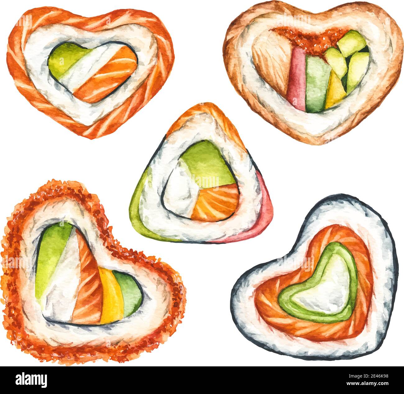 Aquarelle série de rouleaux dessinés à la main en forme de coeur isolé sur fond blanc. Cuisine japonaise en forme de coeur pour la Saint Valentin Illustration de Vecteur