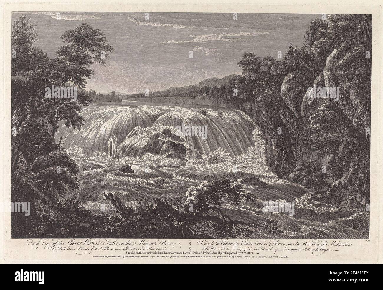 Imprimé par William Elliot, actif en 1774, décédé en 1792, British, A View of the Great Cohoes Falls, on the Mohawk River, 1768. Gravure et gravure au trait sur du papier à la crème, moyennement texturé. Banque D'Images