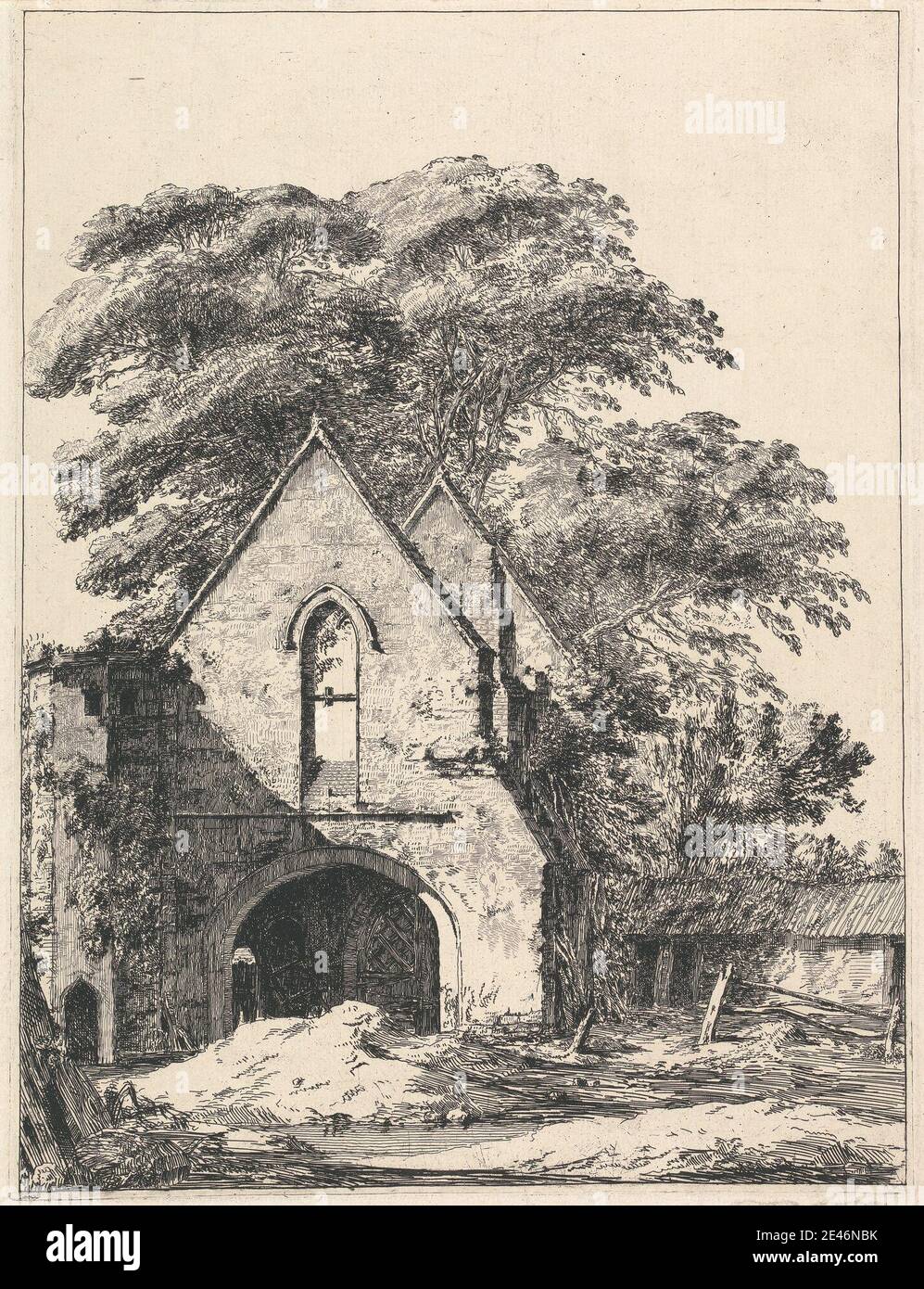 Heneage Finch, quatrième comte d'Aylesford, 1751–1812, British, Prieuré de Maxstoke, non daté. Gravure sur papier beige modérément épais, légèrement texturé. Antique , arches , sujet architectural , bâtiments , buissons , église , clôtures , ancien , prieuré , ruines , rural , pierres , tours , arbres , vignes , fenêtres , bois. Angleterre , Maxstoke , Priory Maxstoke , North Warwickshire , Royaume-Uni , Warwickshire Banque D'Images