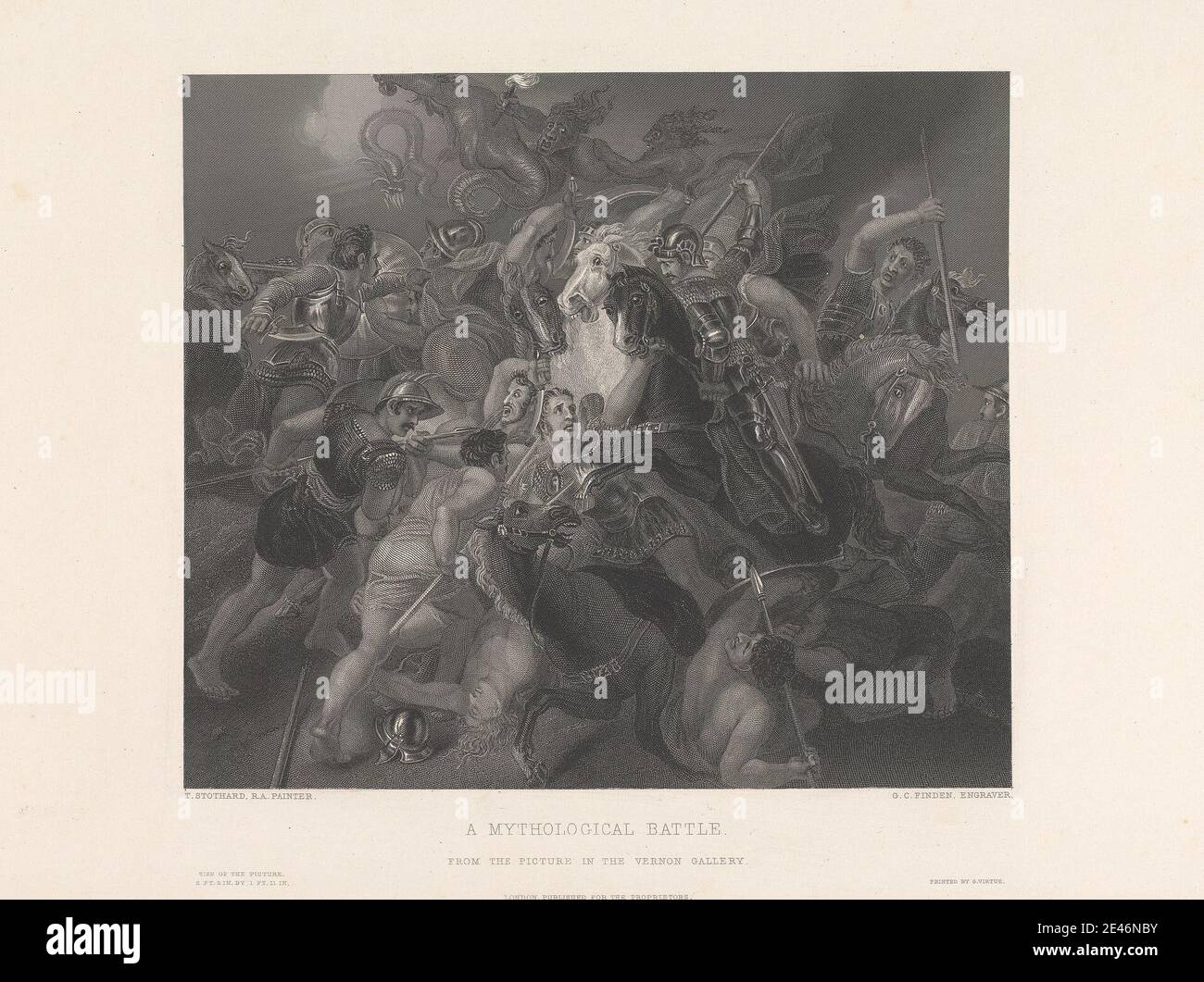 George C. Finden, 1811–1885, British, A mythological Battle, 1853. Gravure en ligne, gravure et gravure en pointillé sur papier de wove épais, légèrement texturé, crème au colé de chine crème. armure , bataille , barbes , brides , poignards , combats , casques , chevaux (animaux) , hommes , monstres , mythologie , sujet religieux et mythologique , boucliers , soldats , spears , personnel , épées , toges , torches , guerre. démons Banque D'Images