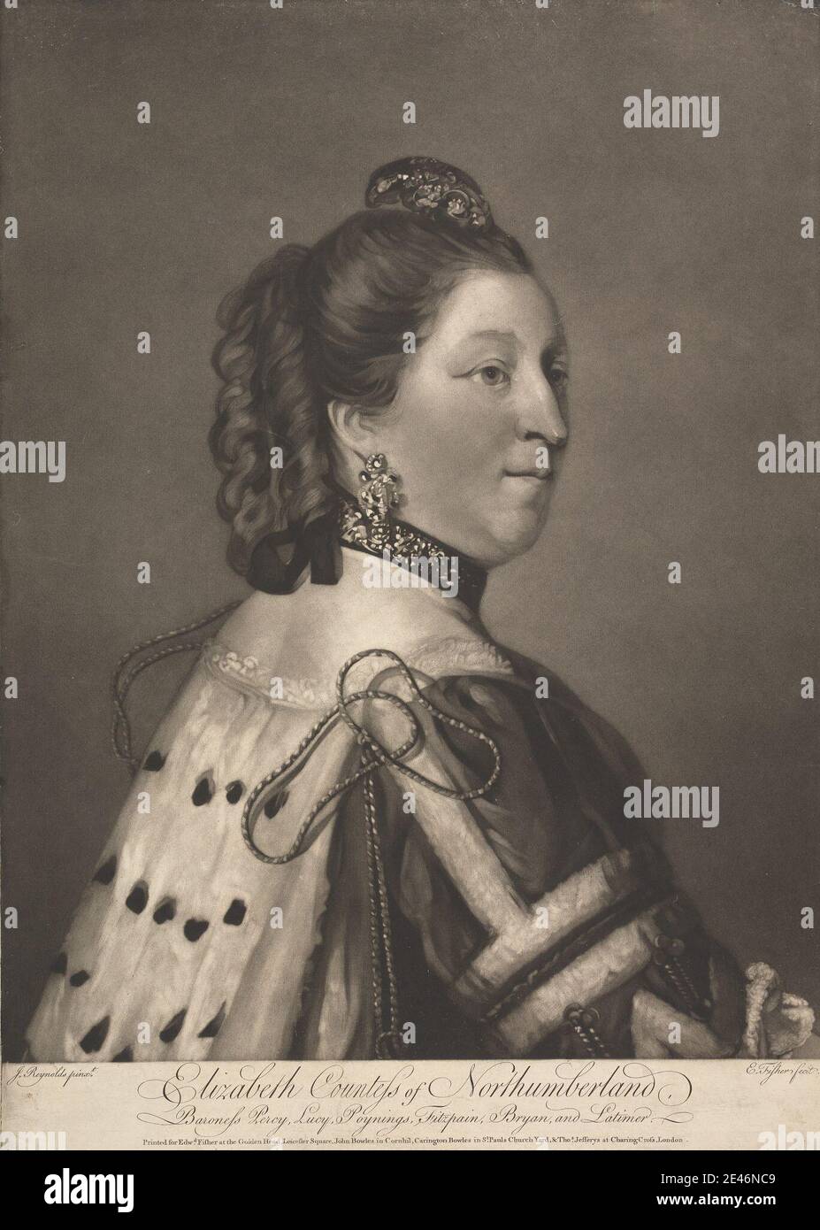 Edward Fisher, 1722–1785, Elizabeth, comtesse de Northumberland, entre 1759 et 1776. Mezzotint sur modérément épais, légèrement texturé, beige pond papier. baroness , boutons , cape , choker , coronet (couronne) , comtesse , courtier , diariste , boucles d'oreilles , fourrure , regard , bijoux , manteau , collier , portrait , pose , rubans , robe , solennel , glands , femme. Percy, Elizabeth [née Lady Elizabeth Seymour], duchesse de Northumberland et suo jure Baroness Percy (1716-1776), courtier et diariste Banque D'Images