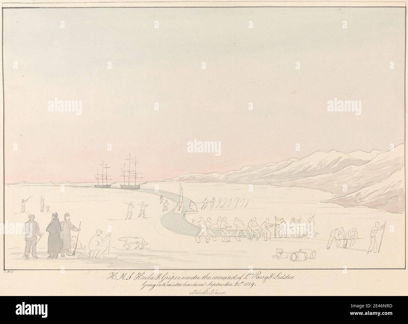 Charles Hamilton Smith, 1776–1859, belge, H.M.S. Hecla & Griper, non daté. Aquarelle et graphite sur papier vélin crème modérément épais et modérément texturé. Paysage , art marin Banque D'Images
